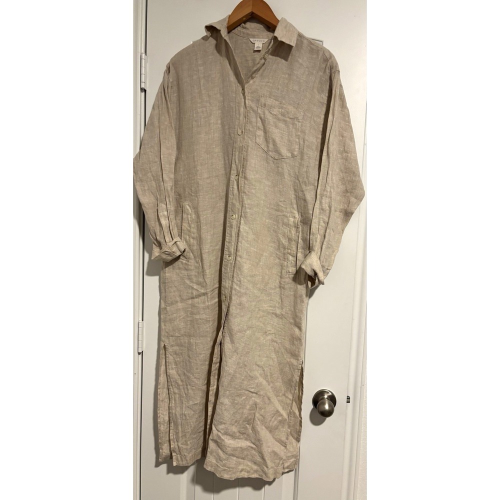 Caslon Linen Collared Button Dress Pockets Beige S cottagecore earthy